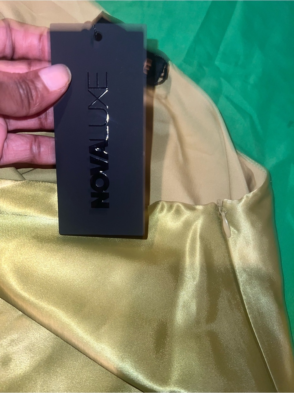 Fashion Nova One-Shoulder Lime Green Satin Feather Trim Blouse - Picture 9 of 14